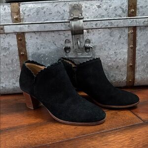 Jack Rogers Marianne suede ankle booties with a scalloped edge and stacked heel